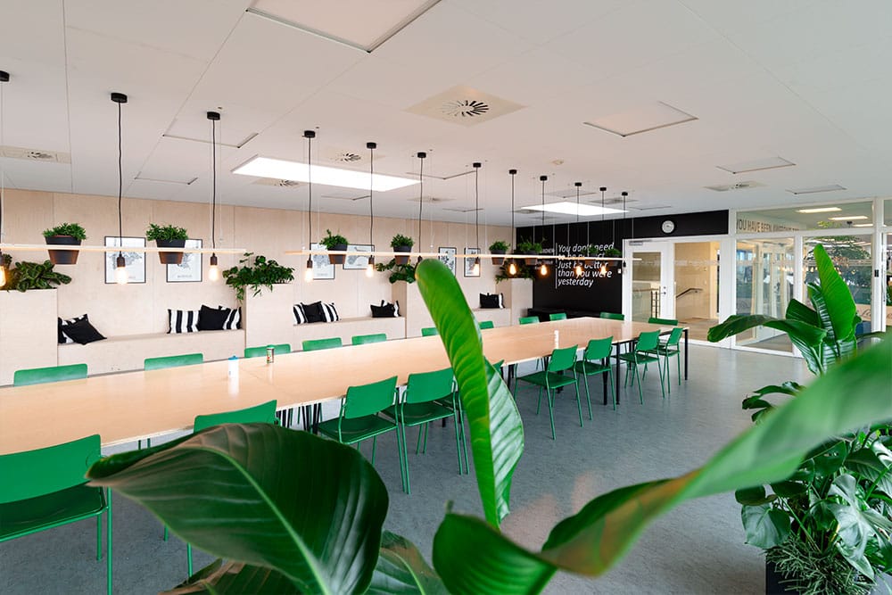 frokoststue med planter, grønne stole, Ole Larsen