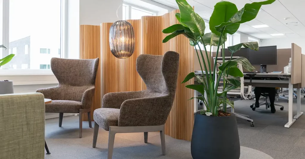 Strelitzia i sort krukke ved akustikvæg,