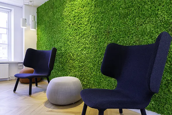Stor grøn mosvæg i receptionsområde,